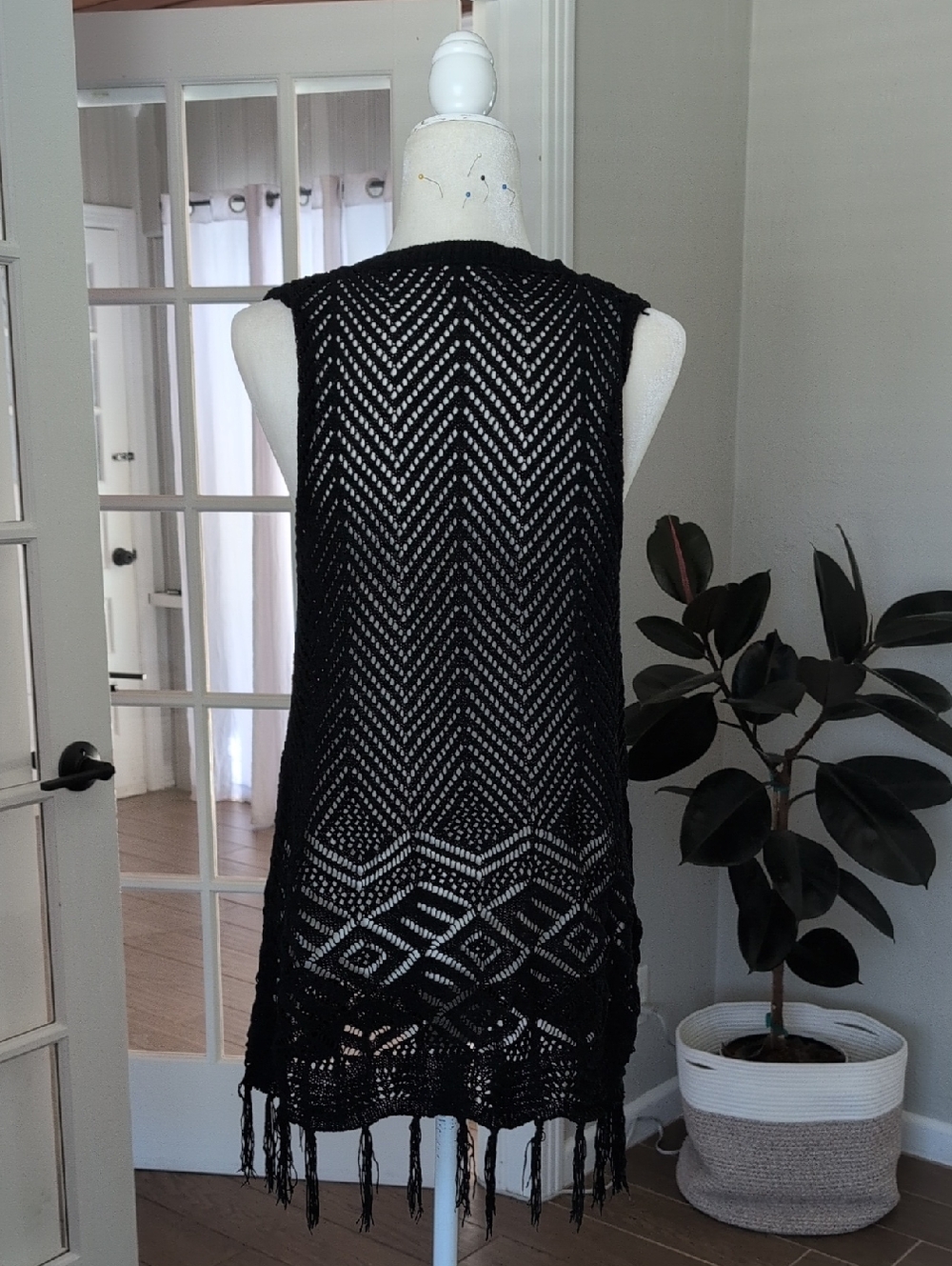 Surf Gypsy Black Crochet Fringe Mini Dress Cover-Up Medium - Picture 3 of 6